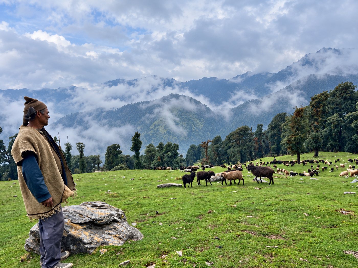 A shepherd with his flock on a high-altitude pasture in the Garhwal Himalayas