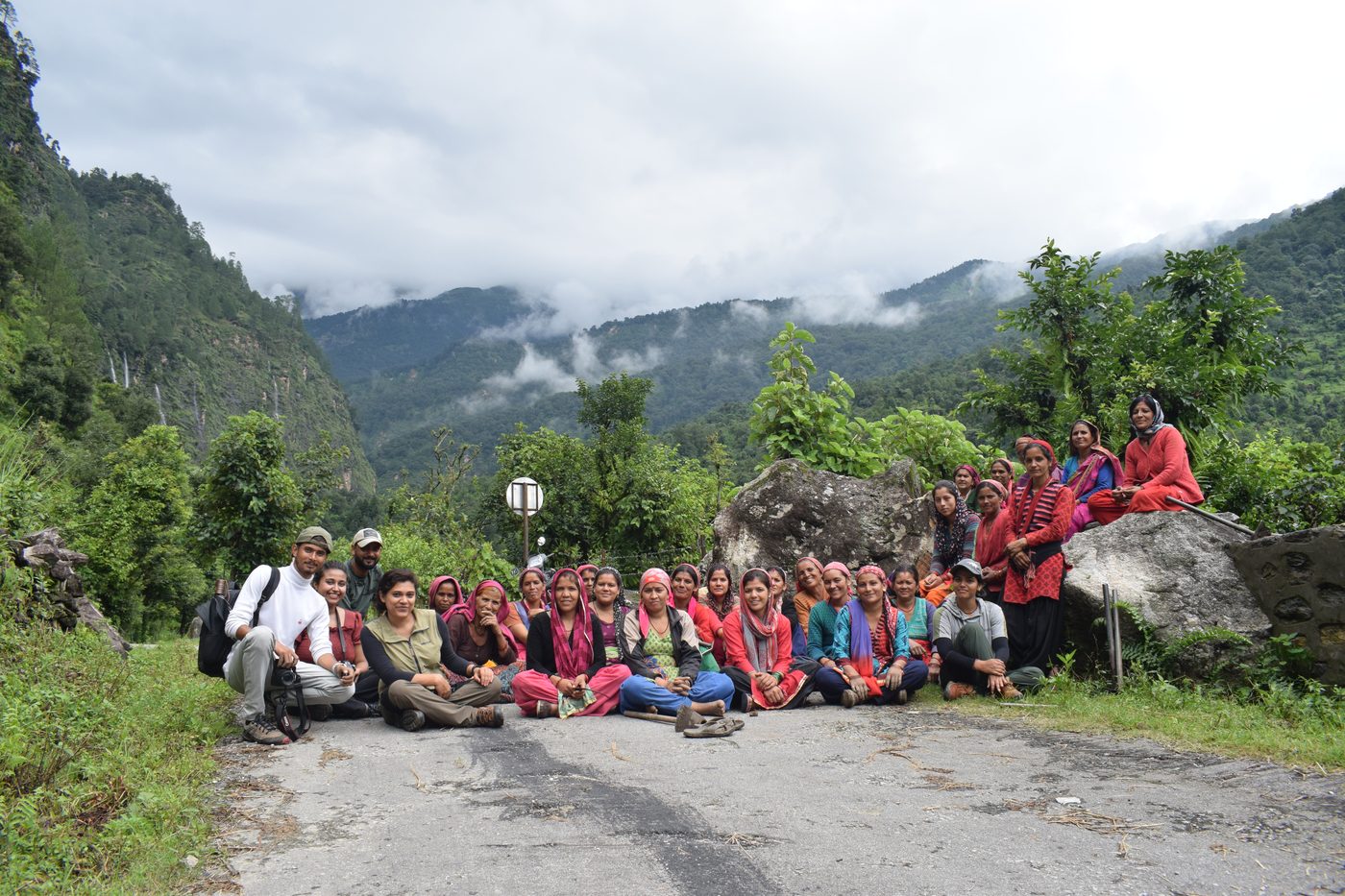 Village women and the HLP team gathered during a community programme in the Garhwal Himalayas