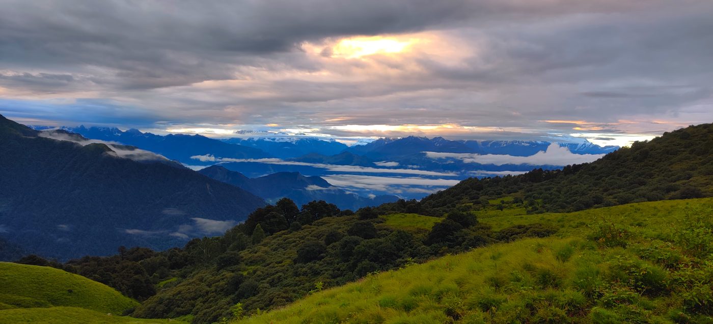 Panoramic view across the Garhwal Himalayan research landscape at dusk